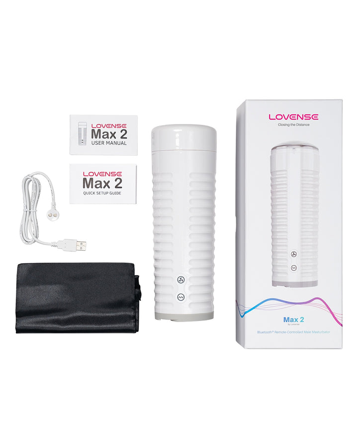Zawartość opakowania masturbatora Lovense Max 2: urządzenie, kabel USB, instrukcja obsługi, pokrowiec ochronny i pudełko.