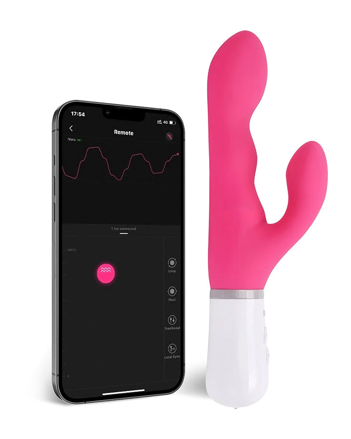 Wibrator Lovense Nora obok smartfonu z uruchomioną aplikacją Lovense Remote, umożliwiającą zdalne sterowanie funkcjami wibracji i rotacji.