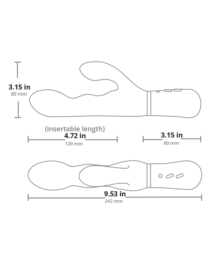 Szkic techniczny wibratora Lovense Nora z wymiarami, przedstawiający dokładne rozmiary i kształt produktu.