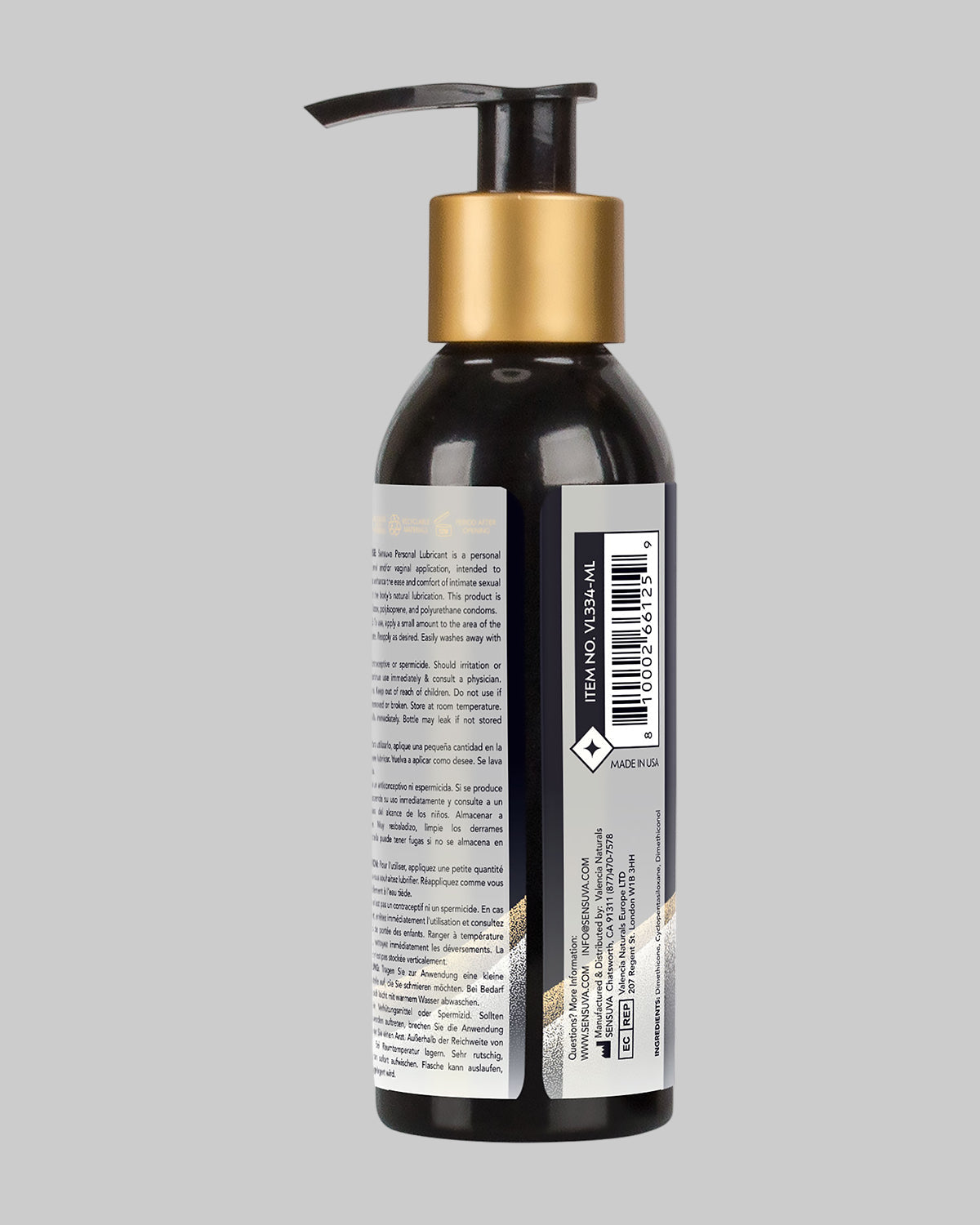 Tył butelki lubrykantu silikonowego Sensuva Premium 125 ml. Widoczny skład (Dimethicone, Cyclopentasiloxane, Dimethiconol) i kod kreskowy. Produkt z COCO Butik Sex Shop Kraków.