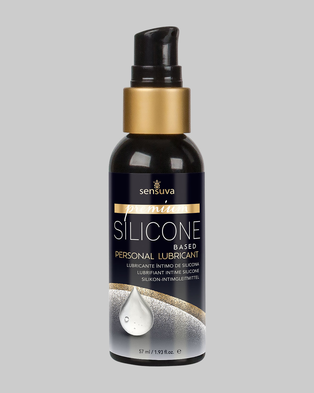 Butelka lubrykantu silikonowego Sensuva Premium 57 ml. Widok od przodu, ukazujący luksusową etykietę i kroplę silikonu. Produkt klasy medycznej dostępny w COCO Butik Kraków.