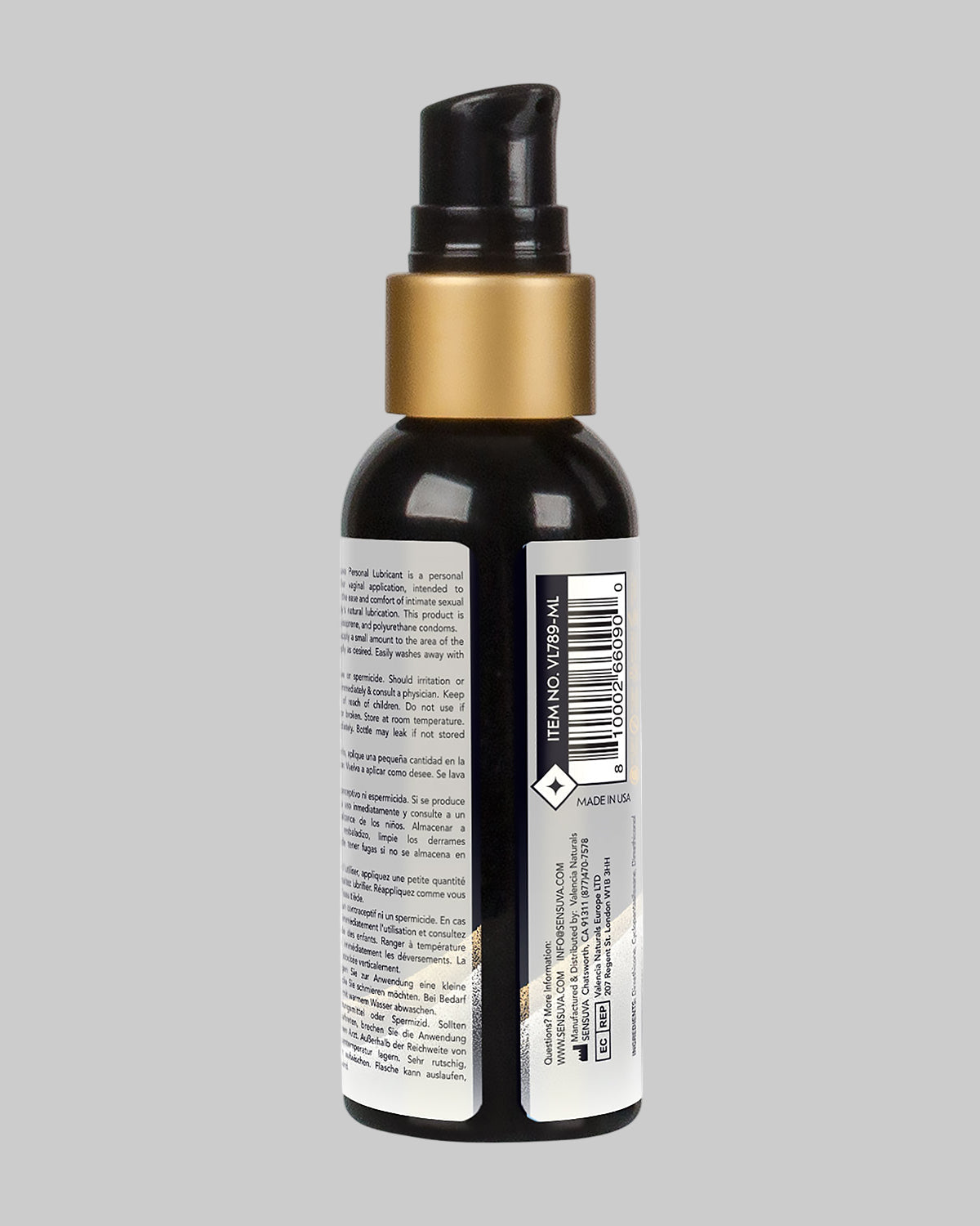 Tył butelki lubrykantu silikonowego Sensuva Premium 57 ml, widoczny skład (Dimethicone, Cyclopentasiloxane) i kod kreskowy. Produkt z Sex Shop Kraków COCO Butik.