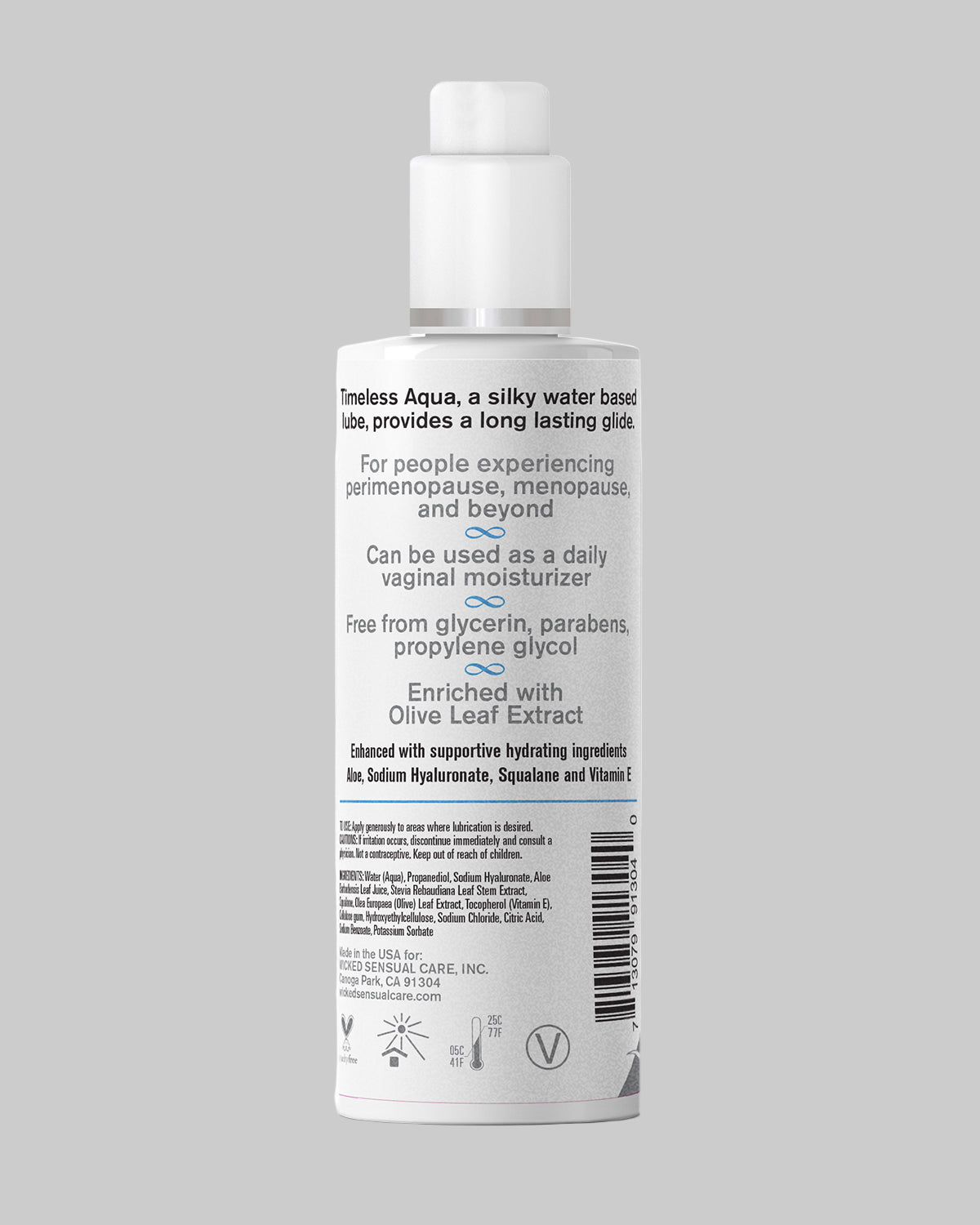 Lubrykant wodny Timeless Aqua 120 ml - tył opakowania ze składem, kwas hialuronowy, skwalan, aloes