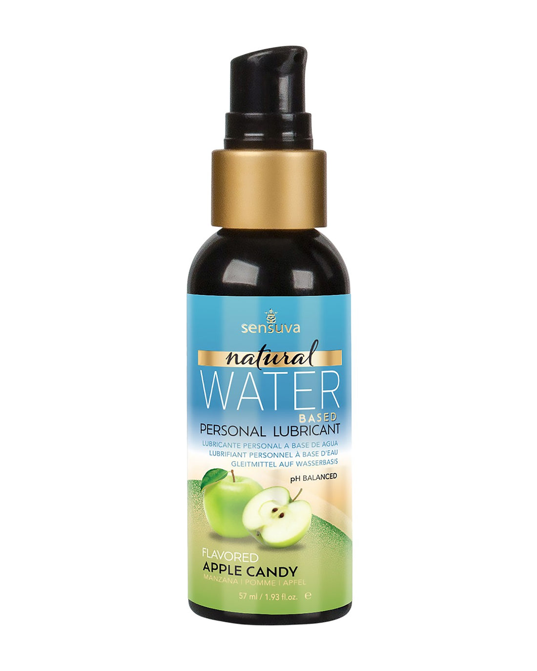 Butelka z pompką lubrykantu wodnego Sensuva Natural o smaku kandyzowanego jabłka (Apple Candy), pojemność 57 ml.