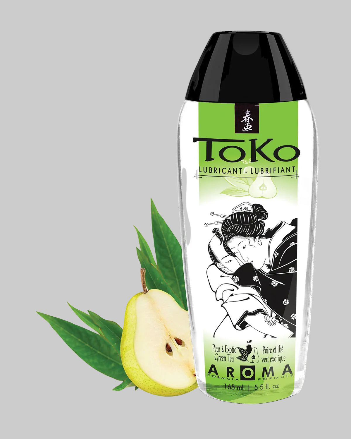 Przezroczysta butelka lubrykantu Toko z zieloną etykietą, aromat gruszki i zielonej herbaty, 165 ml