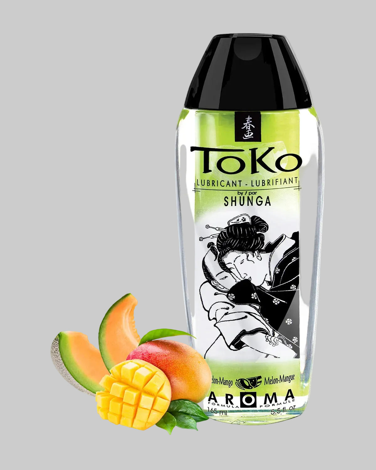 Przezroczysta butelka lubrykantu Toko Shunga o smaku melona i mango, 165 ml, z czarną nakrętką