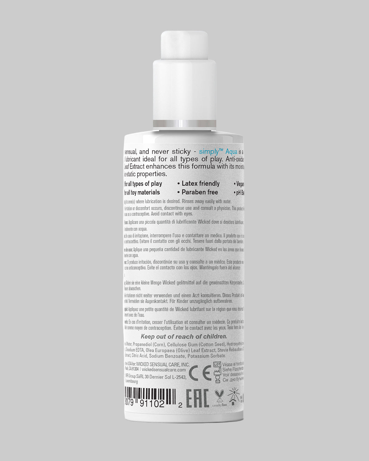 Lubrykant wodny Wicked Simply Aqua 70 ml – tył opakowania ze składem INCI i informacją o bezpieczeństwie