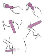 Instrukcja użytkowania pokazująca różne sposoby aplikacji fioletowego wibratora na ciele