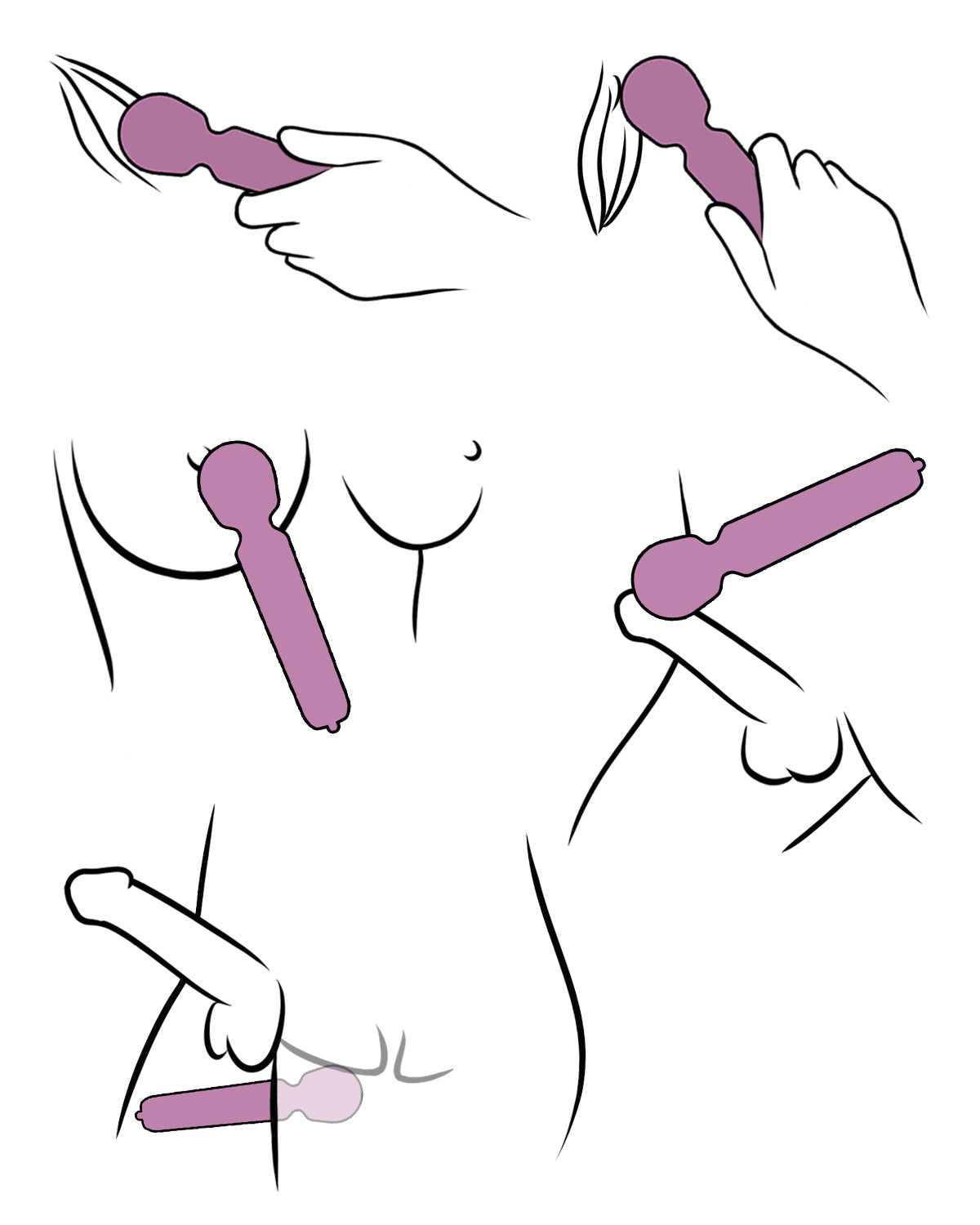 Instrukcja użytkowania pokazująca różne sposoby aplikacji fioletowego wibratora na ciele