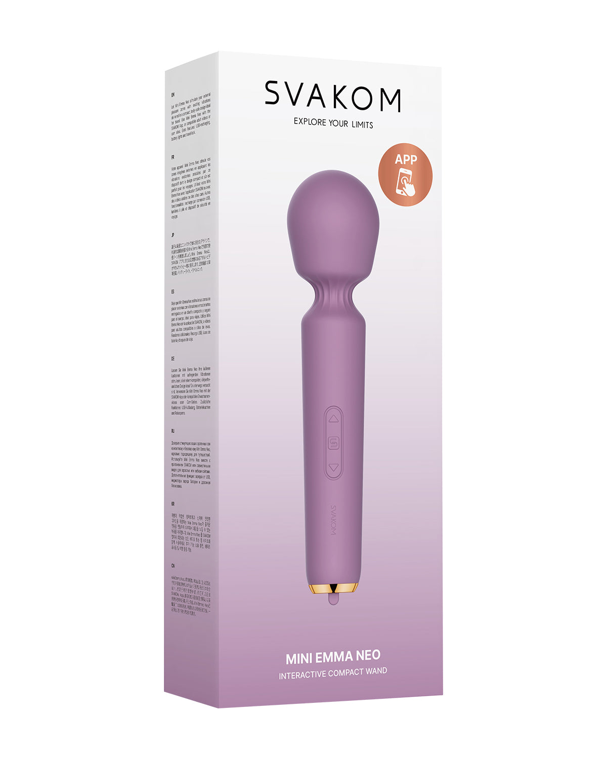 Pudełko Svakom z napisem "Explore Your Limits" i wizerunkiem fioletowego wibratora Mini Emma Neo