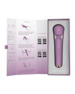 Otwarte pudełko ze szczegółową instrukcją obsługi i fioletowym wibratorem w eleganckim opakowaniu
