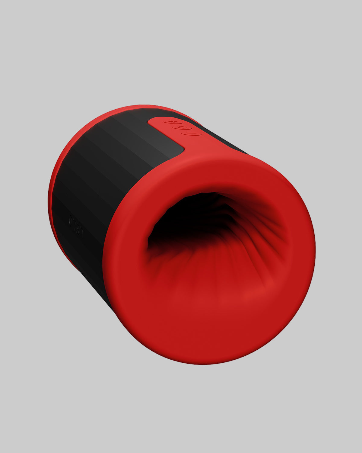 Masturbator LELO F2S - widok pod kątem z widocznym wejściem i prążkami silikonu - kolor czerwony