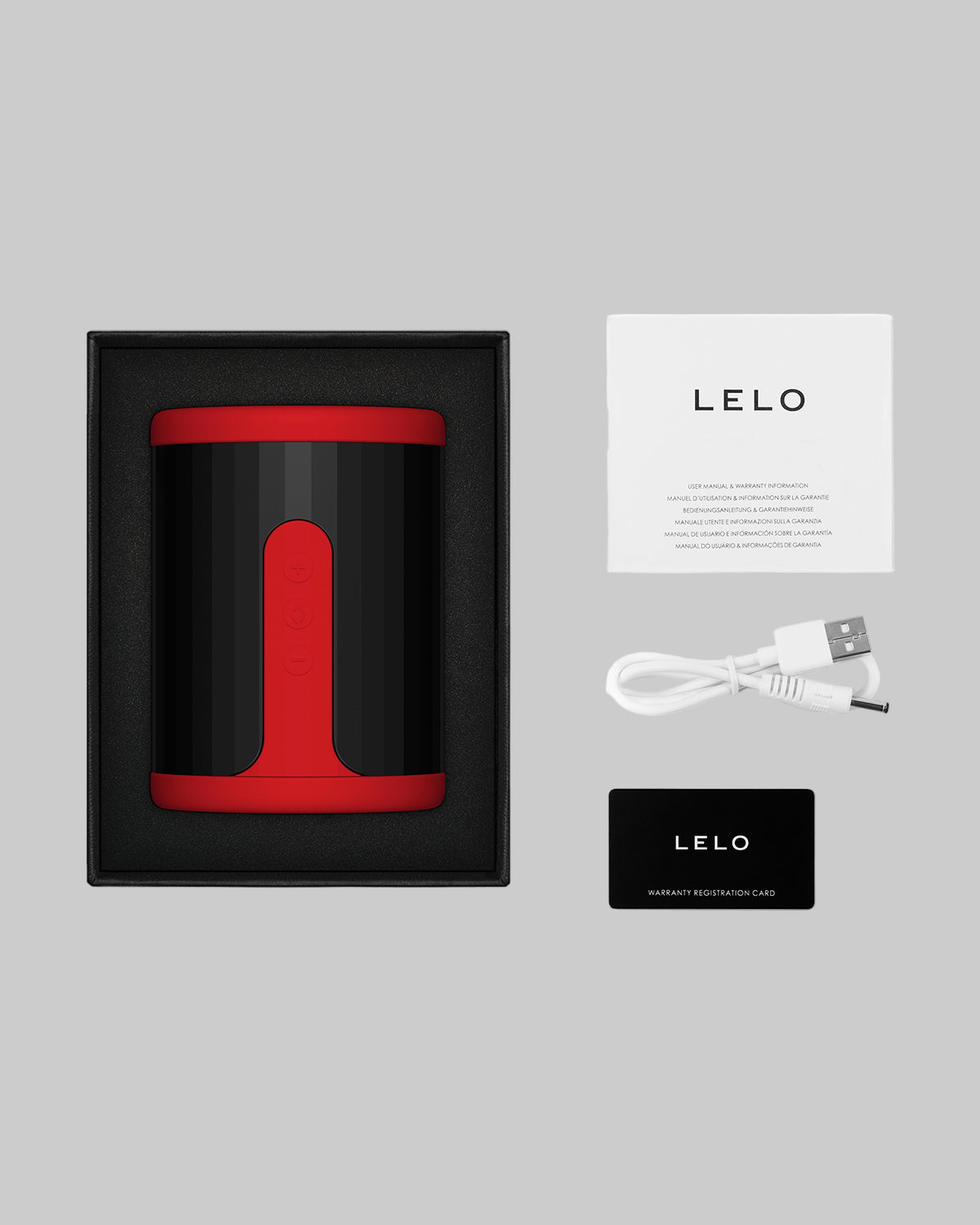 Masturbator LELO F2S - zawartość zestawu: urządzenie, kabel USB, instrukcja, karta gwarancyjna