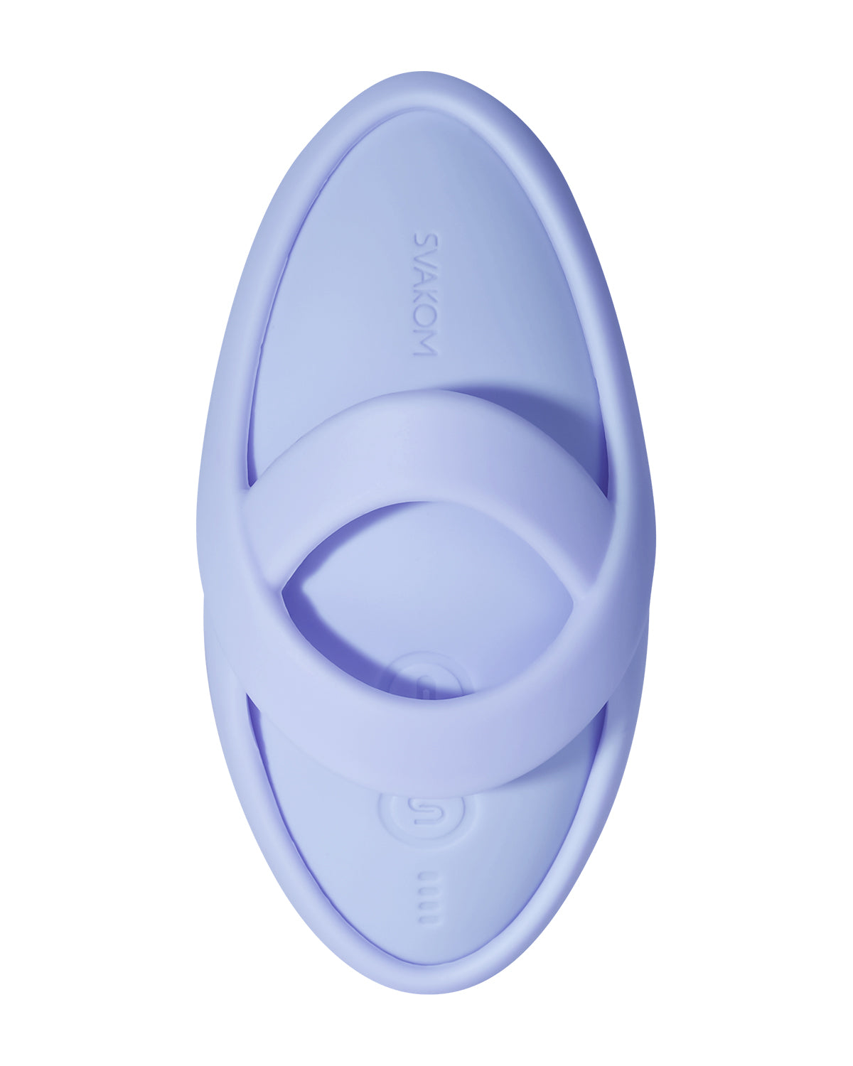 Fioletowy wibrator w kształcie owalnym z elastyczną pętlą i wytłoczonym logo Svakom na powierzchni