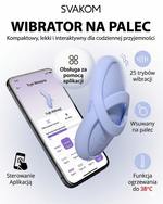 Niebieski wibrator na palec Svakom z aplikacją mobilną pokazującą 25 trybów wibracji