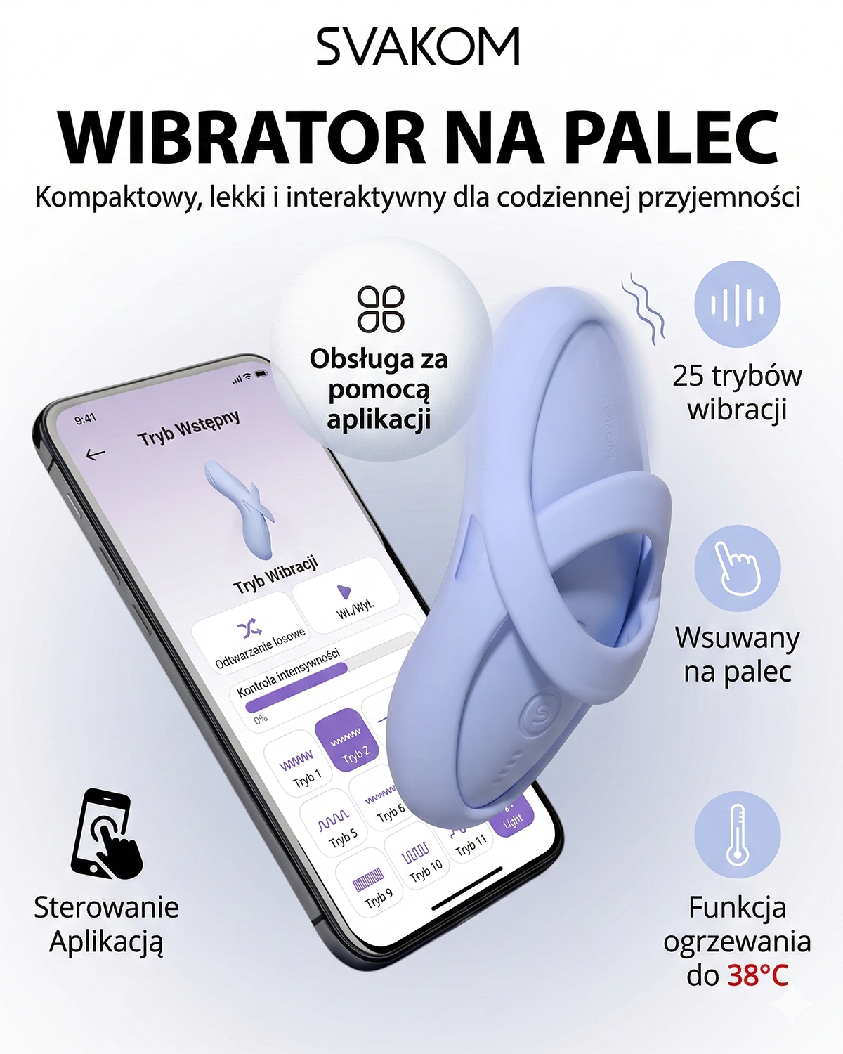 Niebieski wibrator na palec Svakom z aplikacją mobilną pokazującą 25 trybów wibracji