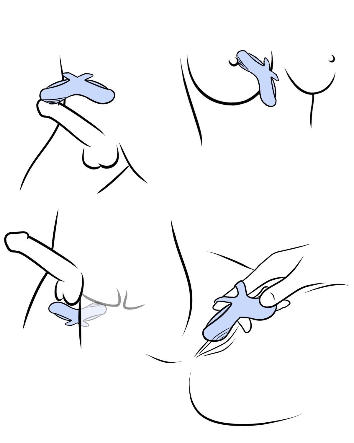 Instrukcja użycia pokazująca różne sposoby noszenia niebieskiego wibratorka na palec