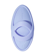 Górny widok niebieskiego wibratorka z logo Svakom i okrągłym otworem na palec