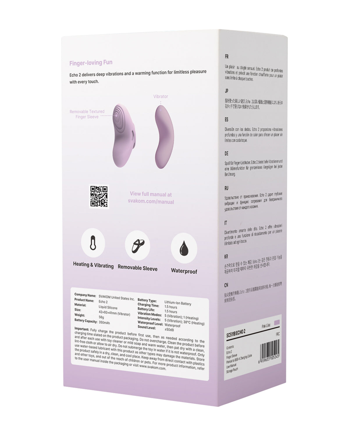 Tył opakowania Svakom z instrukcjami, kodem QR i ikonami funkcji wodoodporności