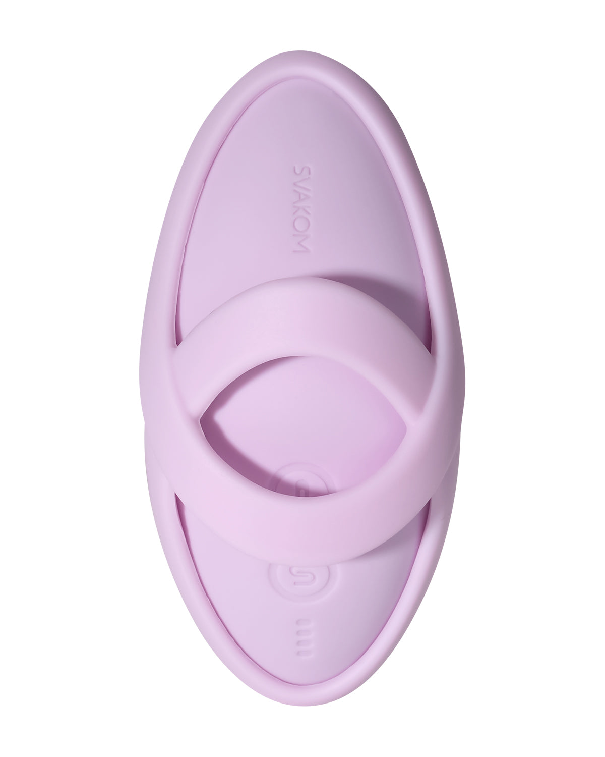 Różowy silikonowy wibrator Svakom w owalnym kształcie z elastyczną pętlą na palec i wgłębieniem