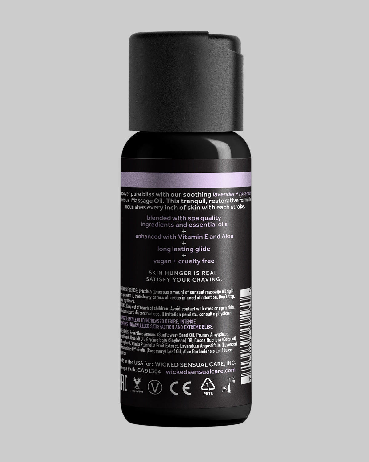 Olejek do masażu Wicked Sensual Care lawenda i rozmaryn 120 ml - tył butelki ze składem INCI i oznaczeniami vegan oraz cruelty-free