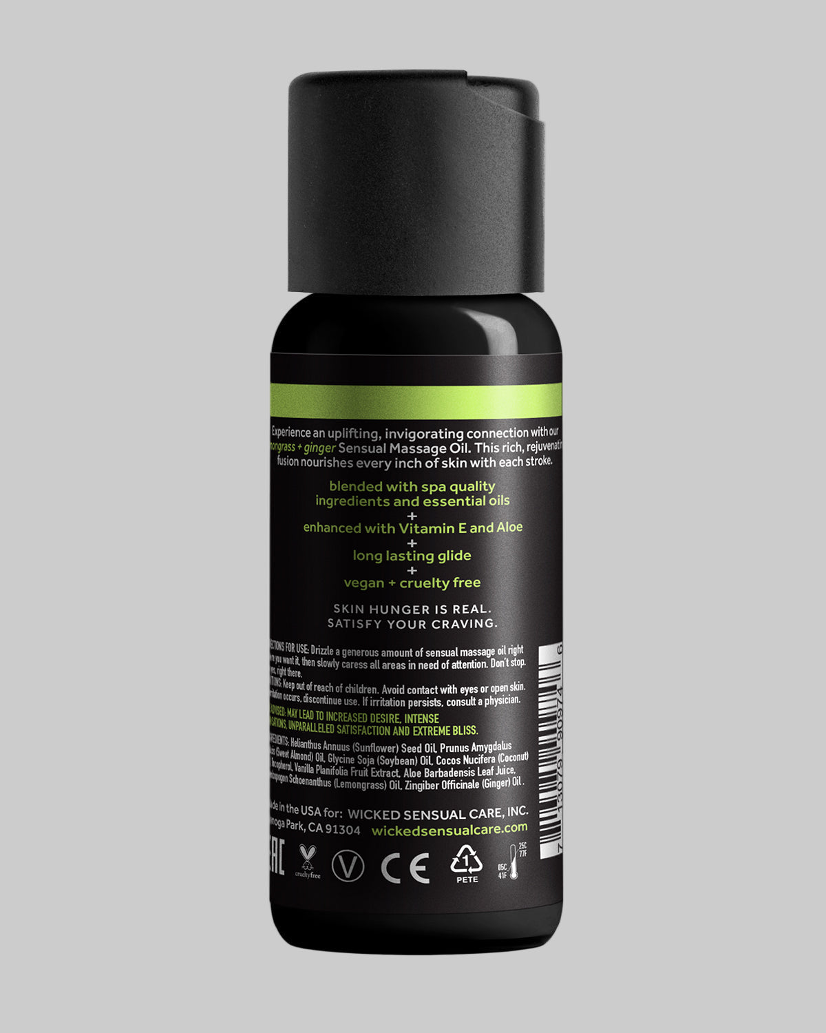 Skład INCI i certyfikaty wegańskiego olejku do masażu Wicked Trawa Cytrynowa - tył opakowania z instrukcją