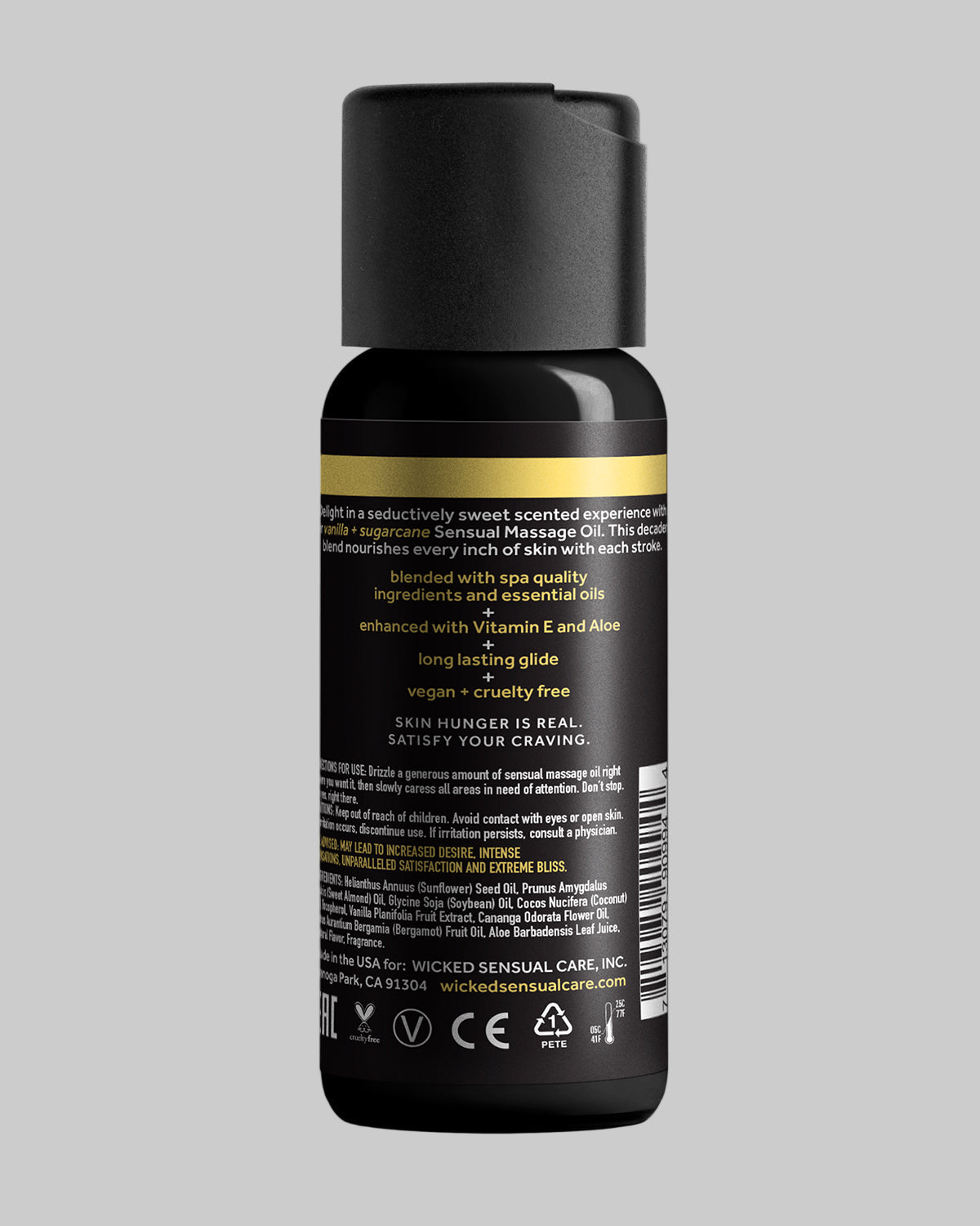 Skład INCI i certyfikaty wegańskiego olejku do masażu Wicked Wanilia - tył opakowania z instrukcją