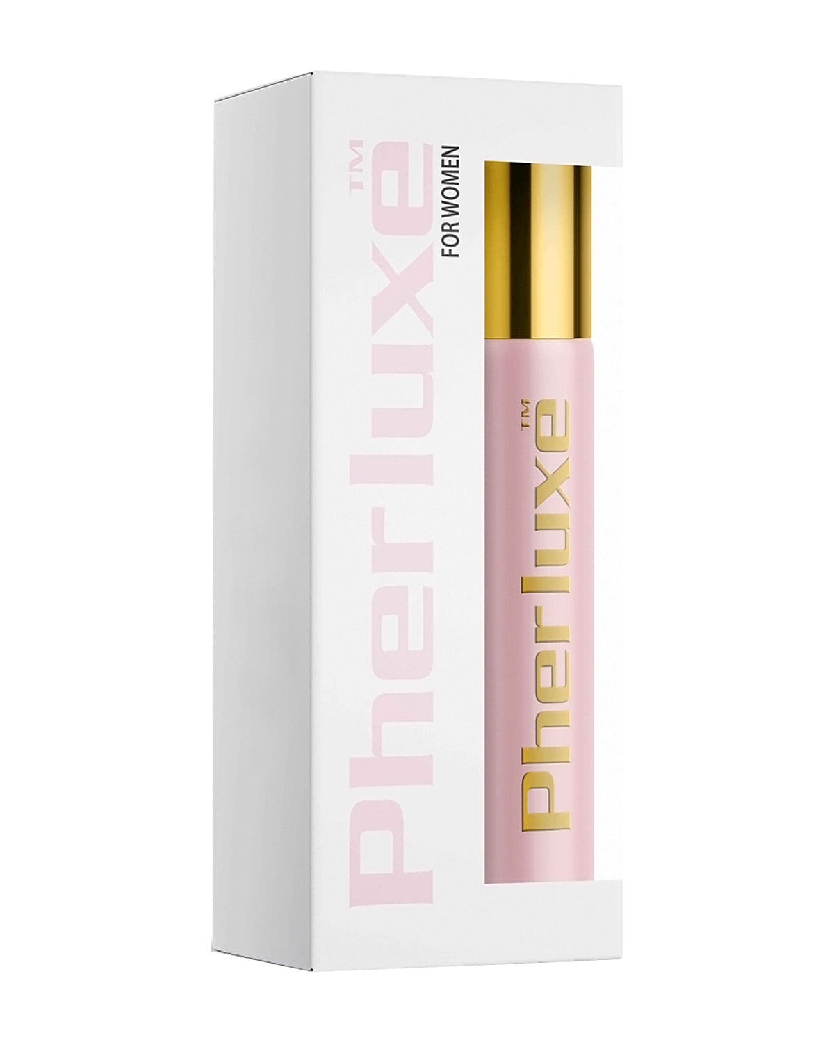 Różowy wałek perfum Pherluxe for Women w białym pudełku ze złotymi akcentami