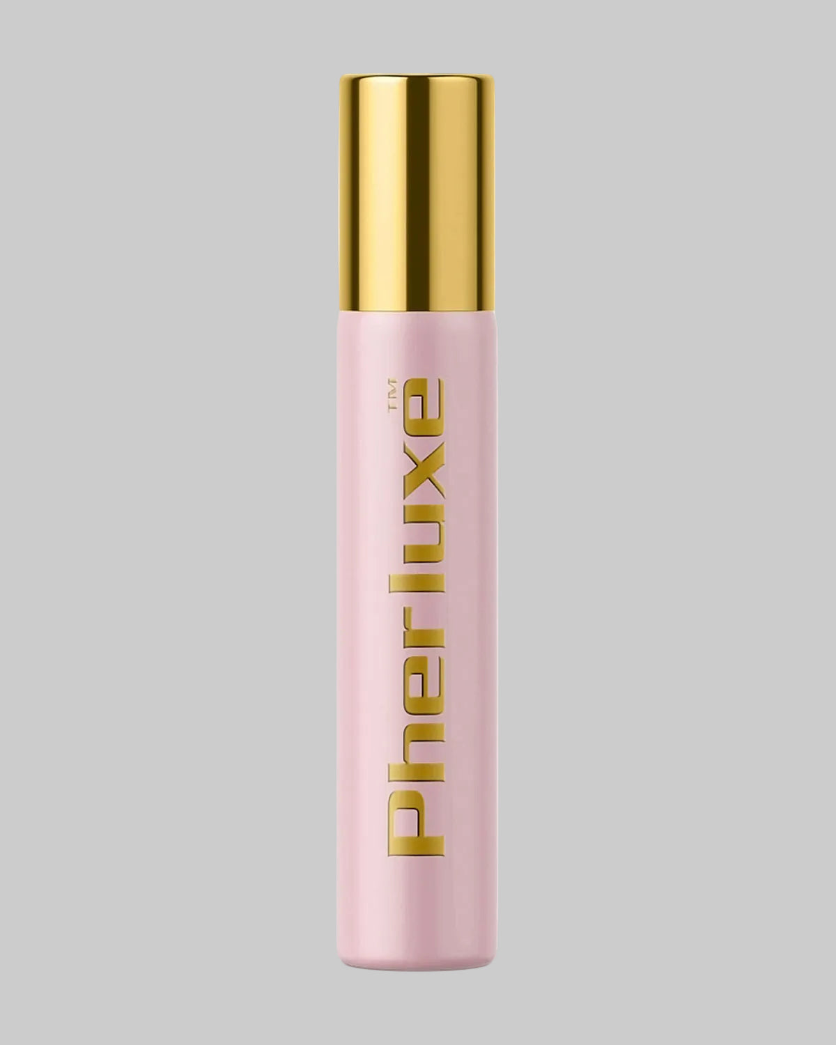 Różowy wałek perfum Pherluxe ze złotą nakrętką, matowe wykończenie, smukły kształt