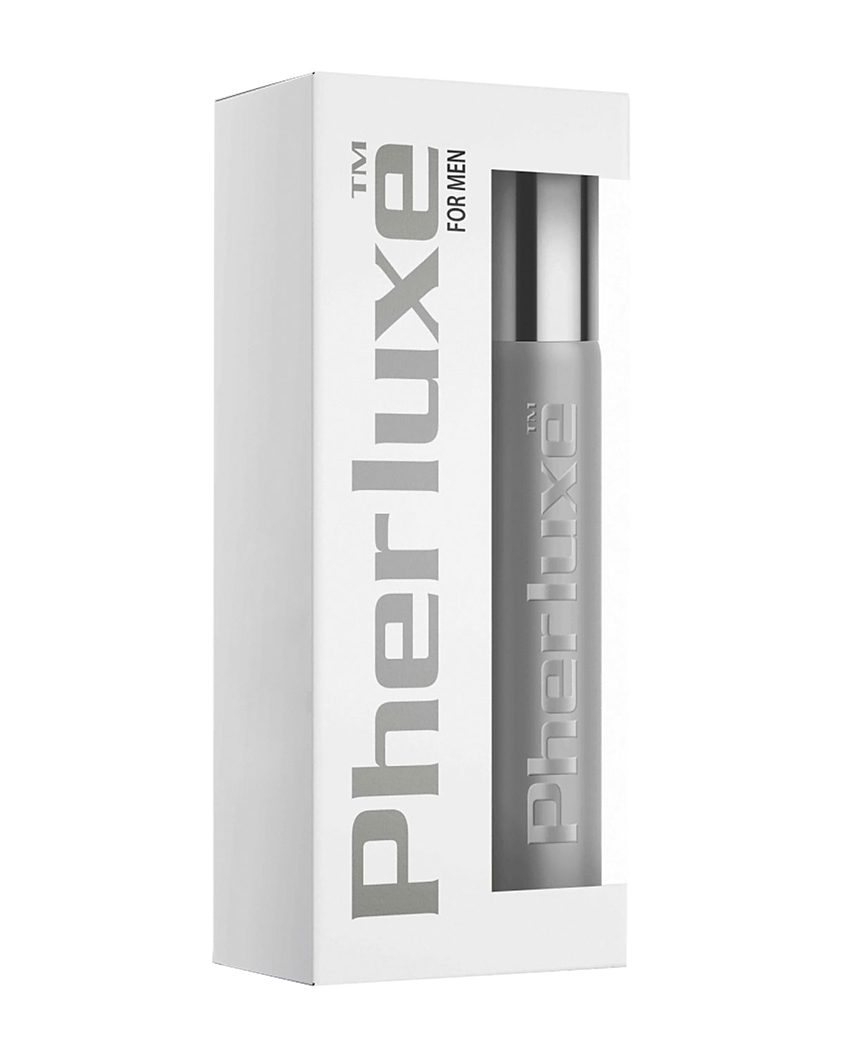 Białe pudełko z srebrnym napisem Pherluxe for Men z okienkiem ukazującym szary flakon perfum