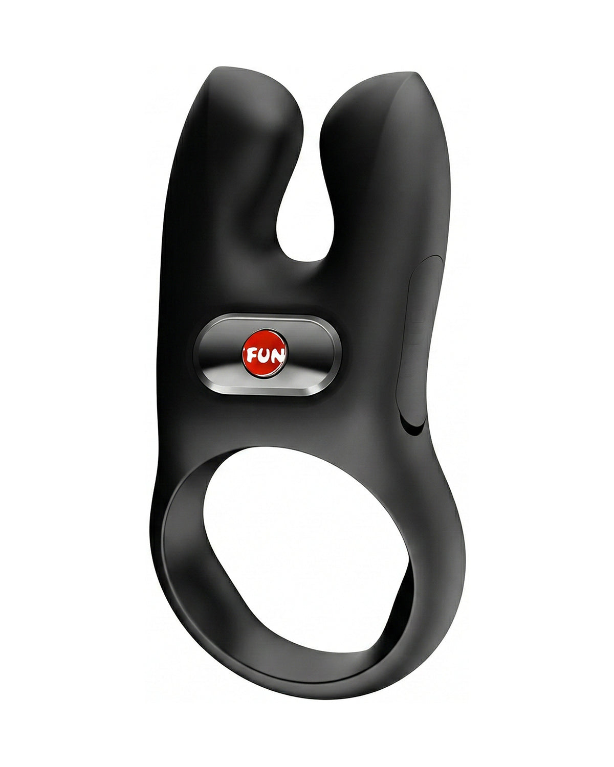 Widok z przodu czarnego pierścienia erekcyjnego z dwoma wypustkami i czerwonym logo FUN na panelu