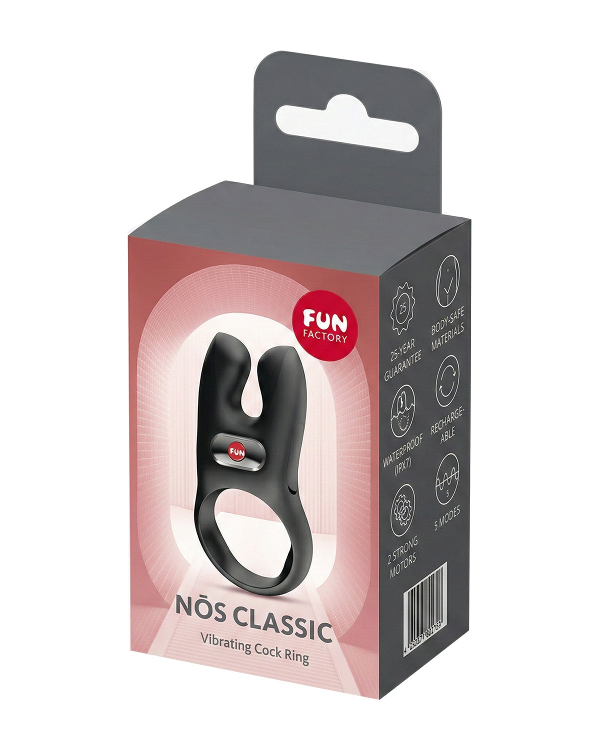 Opakowanie Fun Factory Nõs Classic w szaro-różowym pudełku z okienkiem na produkt