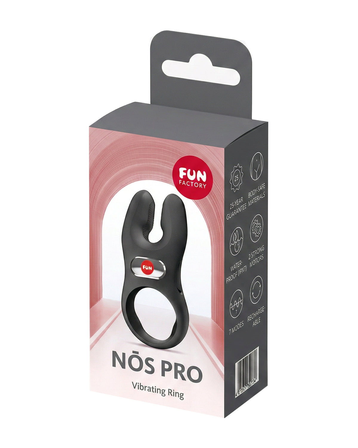 Opakowanie produktu Nõs Pro Fun Factory z szaro-różową grafiką i ikonami funkcji