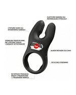 Schemat pierścienia z polskimi opisami funkcji: elastyczne ramiona, silniki wibracyjne, silikon