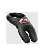 Widok z boku czarnego pierścienia wibracyjnego z czerwonym przyciskiem i ergonomicznym kształtem