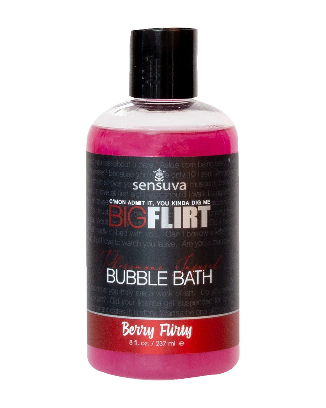 Butelka płynu do kąpieli z feromonami Sensuva Big Flirt o zapachu dzikich jagód, pojemność 237 ml.