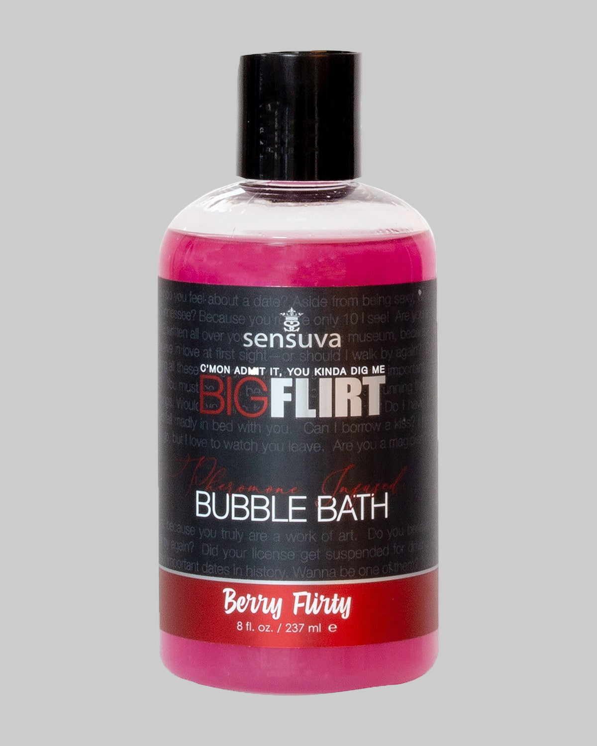 Butelka płynu do kąpieli z feromonami Sensuva Big Flirt o zapachu dzikich jagód, pojemność 237 ml.