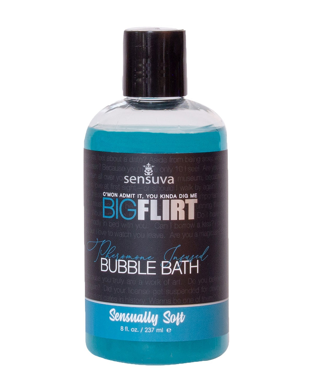Butelka płynu do kąpieli z feromonami Sensuva Big Flirt o zapachu Sensually Soft, pojemność 237 ml.