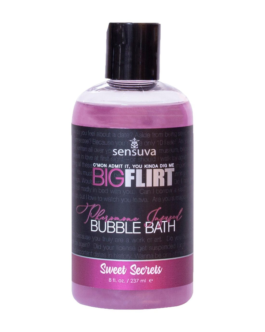 Butelka płynu do kąpieli z feromonami Sensuva Big Flirt o zapachu Słodkich Sekretów, pojemność 237 ml.