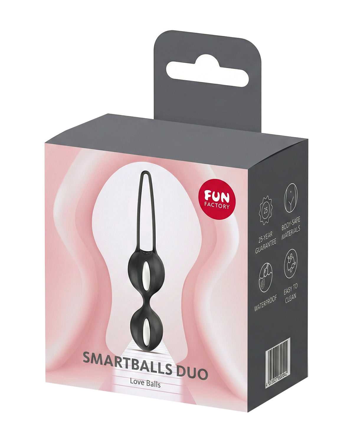 Opakowanie produktu Smartballs Duo Fun Factory w kolorze szaro-różowym z logo marki
