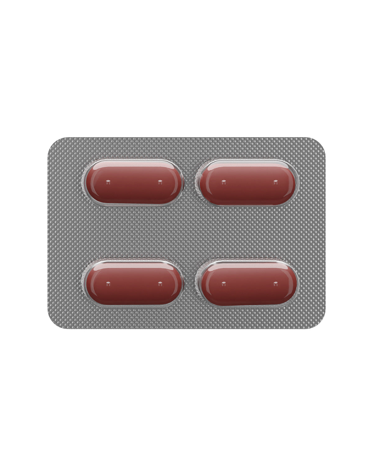 Cztery bordowe tabletki owalne w srebrnym blistrze aluminiowym, układ dwie kolumny