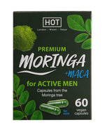 Ciemnozielone pudełko kartonowe suplementów Moringa z Maca dla mężczyzn, 60 kapsułek wegańskich