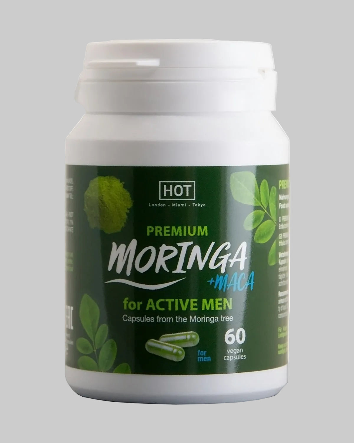 Białe plastikowe opakowanie suplementów Moringa z Maca dla mężczyzn, 60 kapsułek wegańskich