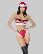 Komplet świąteczny Mapalé Mrs. Claus 60066 - biustonosz open-cup z fiszbinami i majtki high-waist, widok z przodu - czerwony z białą koronką