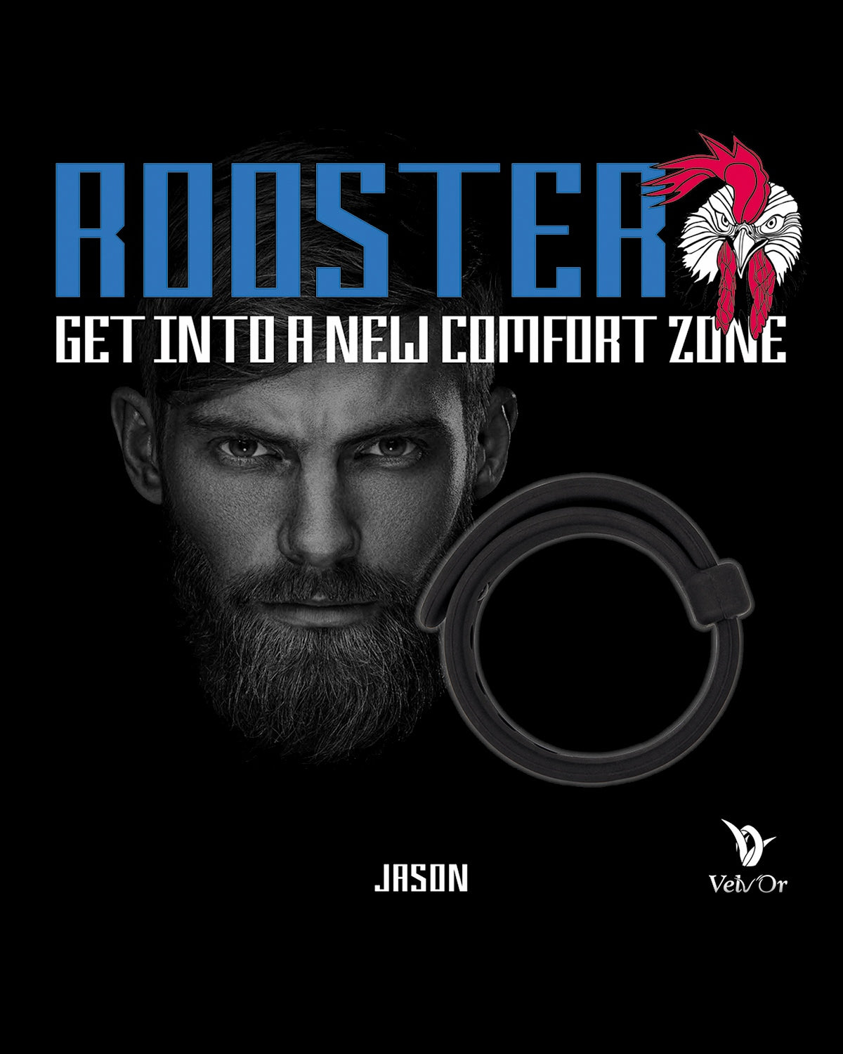 Regulowany pierścień erekcyjny Rooster Jason Size Adjustable Firm Strap Cock Ring - czarny