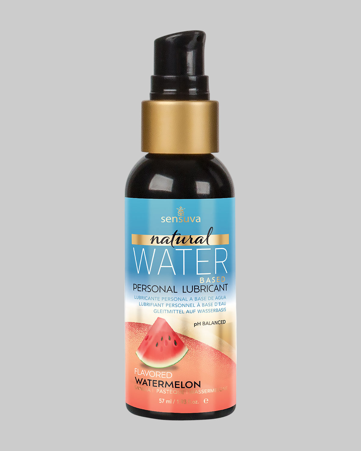 Butelka naturalnego lubrykantu wodnego Sensuva o smaku soczystego arbuza, widoczna od przodu, z etykietą "natural WATER BASED FLAVORED WATERMELON" i logo Sensuva. Idealny produkt dostępny w Sex Shop Kraków COCO Butik.
