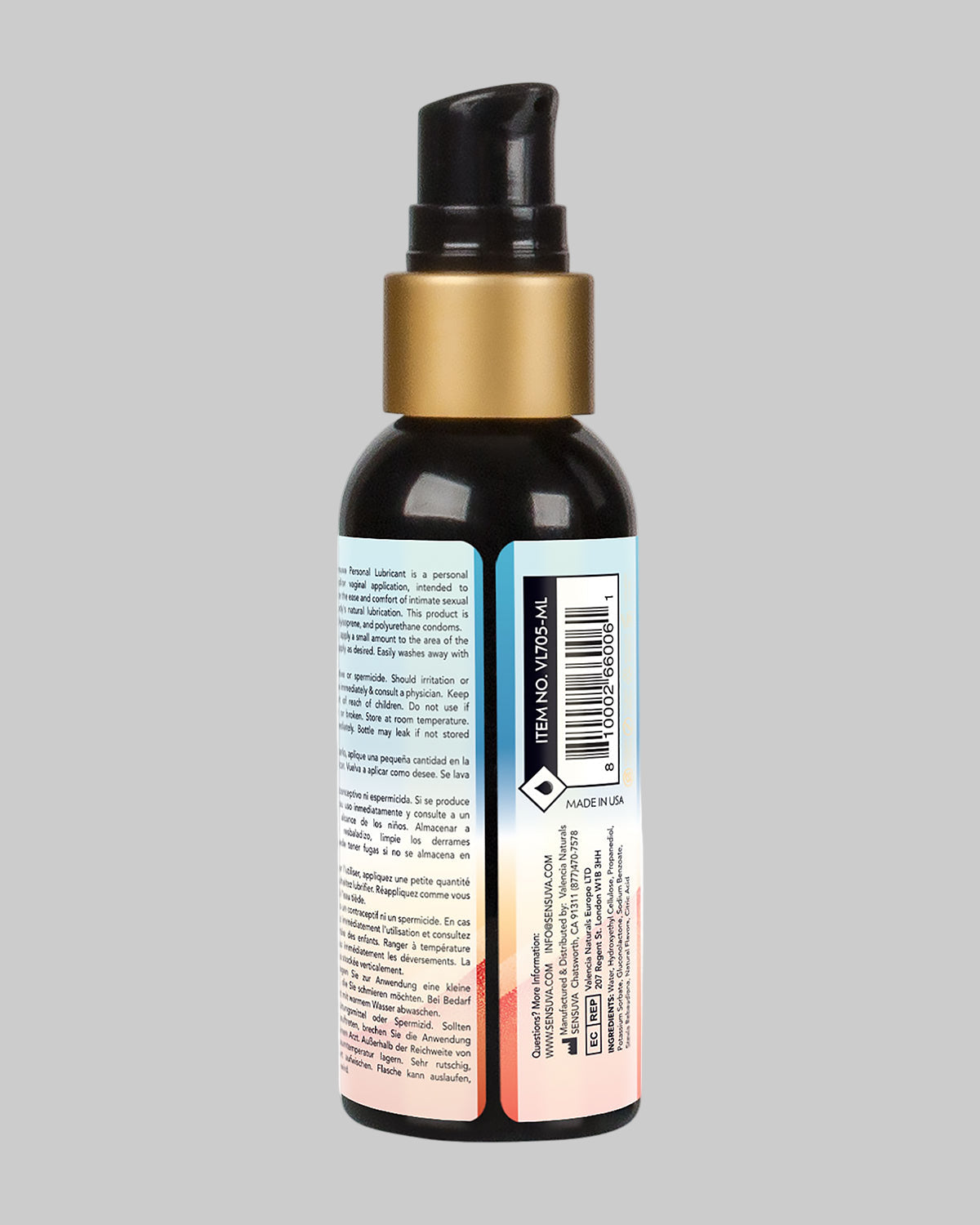 Tył butelki naturalnego lubrykantu wodnego Sensuva o smaku arbuza, z widocznym kodem kreskowym, informacjami o składnikach i wytycznymi użytkowania. Produkt z oferty COCO Butik, dostępny również online.
