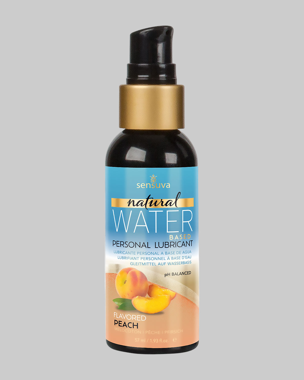 Butelka naturalnego lubrykantu wodnego Sensuva o smaku aksamitnej brzoskwini, widoczna od przodu, z etykietą "natural WATER BASED FLAVORED PEACH" i logo Sensuva. Wegański, do nabycia w COCO Butik.
