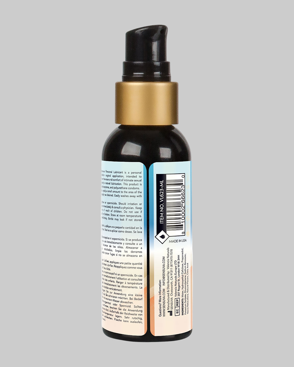 Tył butelki naturalnego lubrykantu wodnego Sensuva o smaku brzoskwini, z widocznym kodem kreskowym, szczegółami producenta i składem. Produkt z oferty COCO Butik z dyskretną wysyłką.