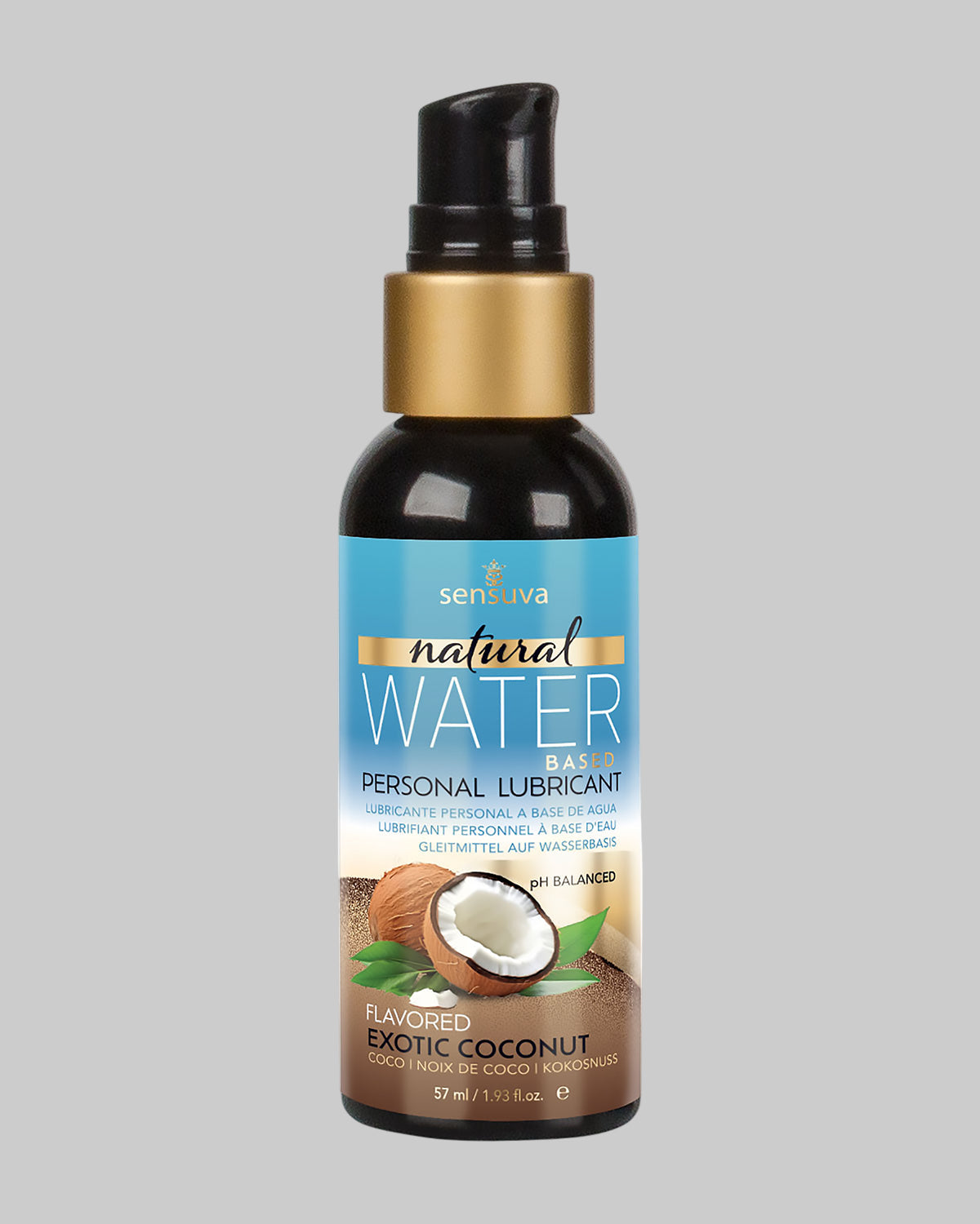 Butelka naturalnego lubrykantu wodnego Sensuva o smaku egzotycznego kokosa, widoczna od przodu, z etykietą "natural WATER BASED FLAVORED EXOTIC COCONUT" i logo Sensuva. Bez gliceryny, dostępny w Sex Shop Kraków.